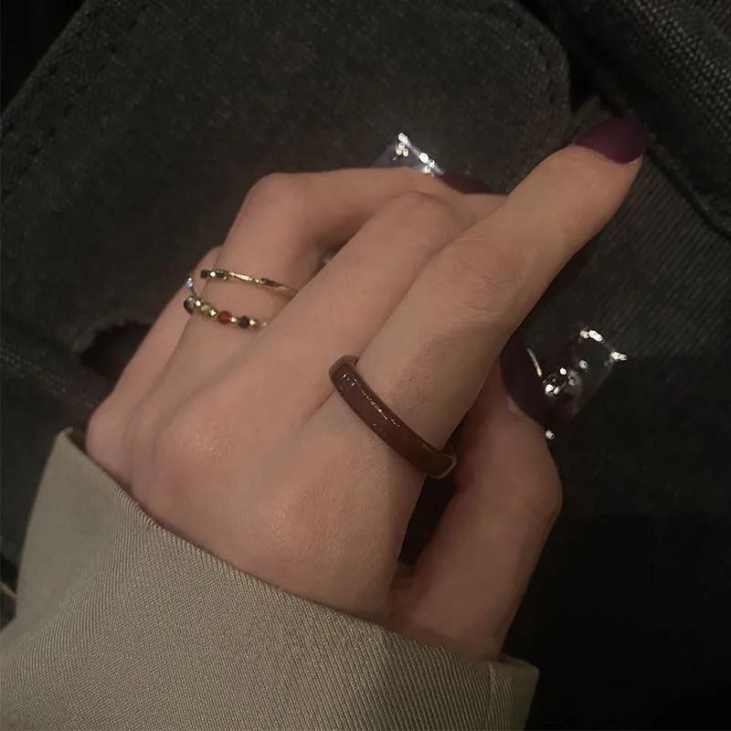 Colorful Retro Japanese-Korean Beaded Resin Acetate Wave Ring Set