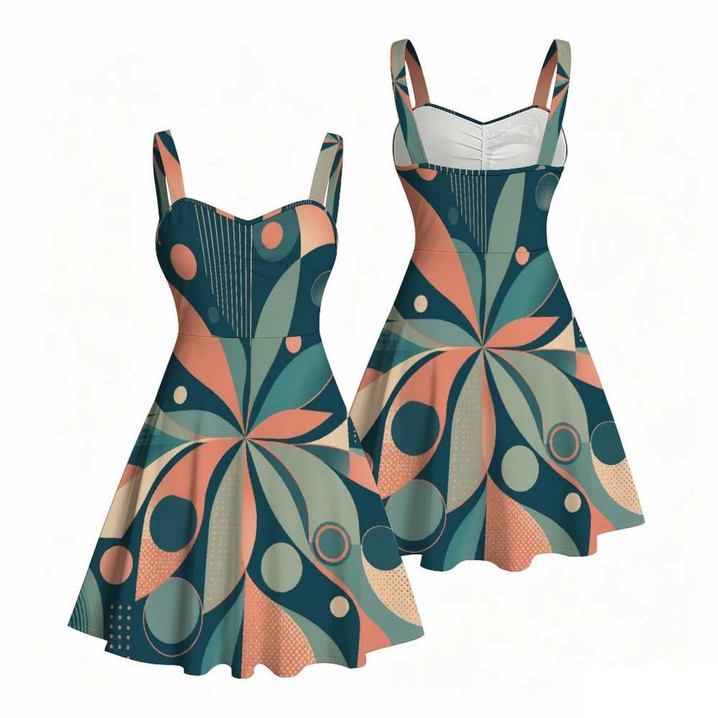 Women Plus Size Strappy Off Shoulder Sleeveless Square Neck Dress Printed Off White Blue Beige Fitted Waist Flared Hem