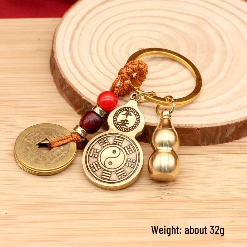 Brass Five Emperors Coin & Pixiu Keychain with Abacus, Gourd & Dragon Talisman for Wealth Attraction