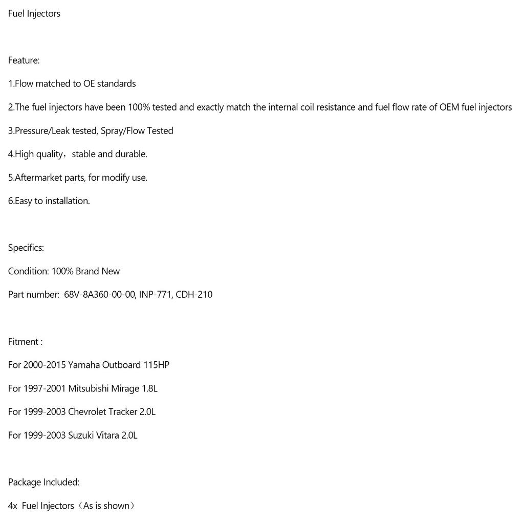 4 STÜCK INP-771 Kraftstoffeinspritzdüse 68V-8A360-00-00 Für Yamaha Außenborder 115 PS CDH210