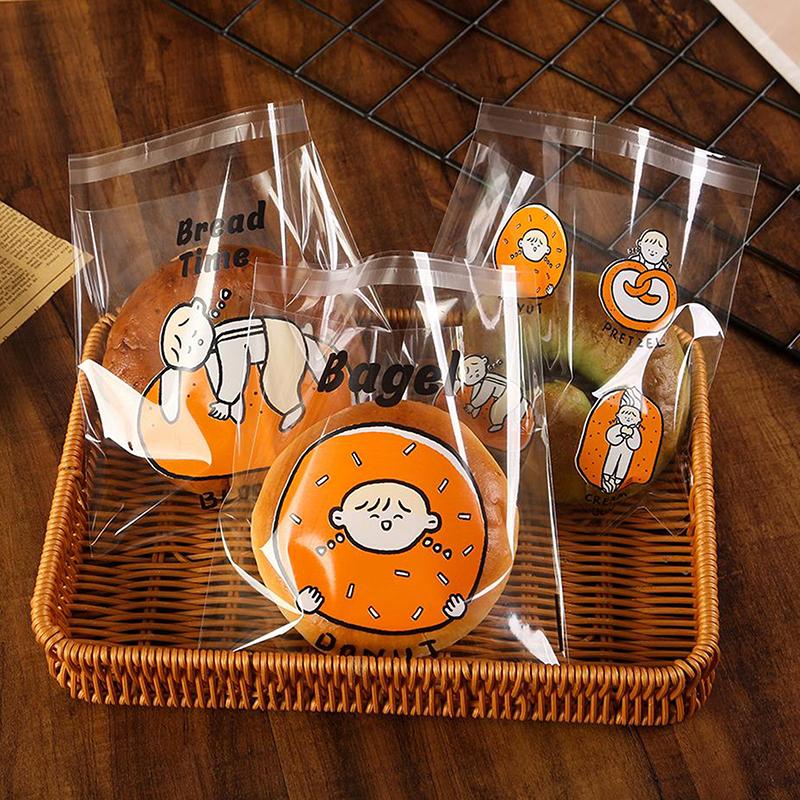 Cartoon Bread Storage Bags Self-Sealing Clear Plastic Packaging Bags For Sliced Bread Donuts Bagels Buns Resealable Bakery