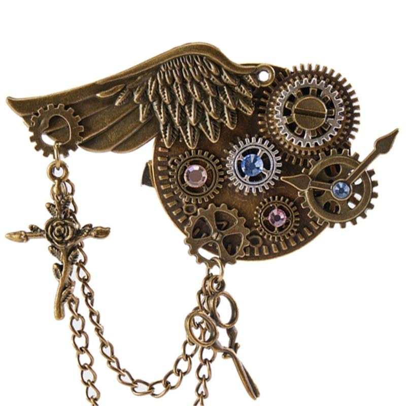 Vintage Steampunk Brosche Anstecknadel für Damen Herren PunkStyle Zahnrad Flügel Kette Brosche Reversnadel Hemd Korsage Anstecknadel Haarspange
