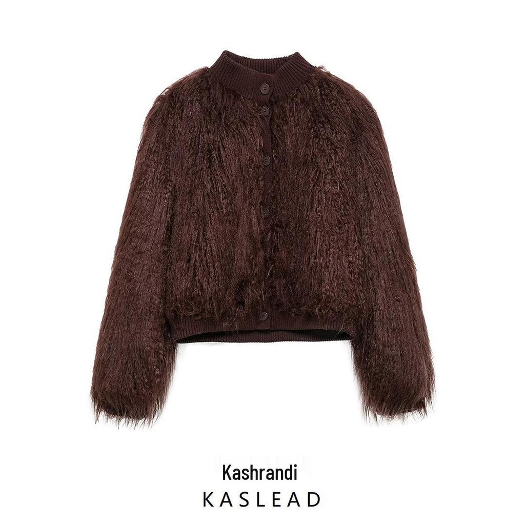 2024 Winter Women's Fashion European & American Style Faux Fur Knit Cardigan