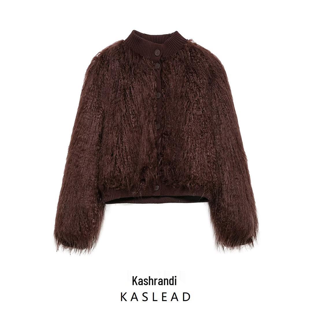 

2024 Winter Women s Fashion European & American Style Faux Fur Knit Cardigan Medium