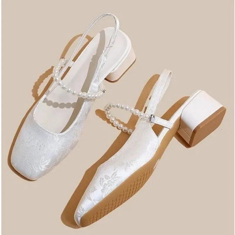 Fashion Shoes for Women 2025 New High Quality Women's High Heels Square Toe Print Med Heel Dress Pumps Elegant Slingbacks Sandals