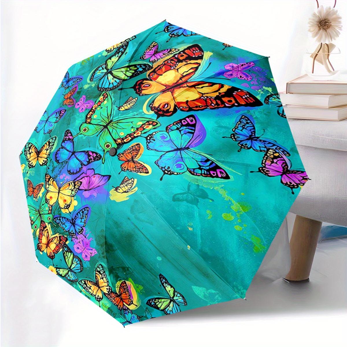 

Vintage Butteflies Blue-green Pattern Print 1pc Automatic Folding Umbrella, Portable & Foldable Design with 8 Ribs, Outdoor Ac Iron&8K