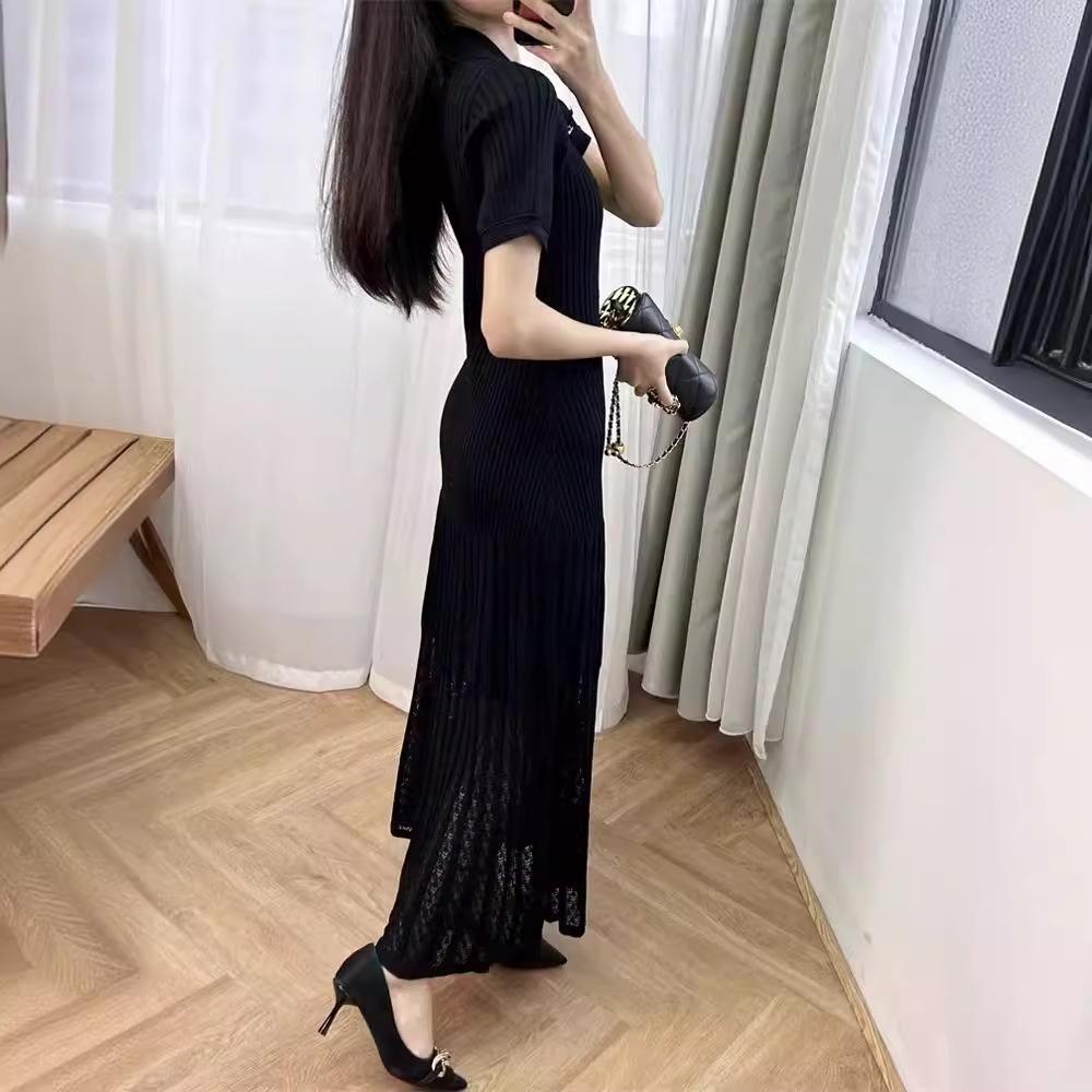 Elegant French-Style Short-Sleeve Knit Dress with Lapel & Waist Detailing, Summer 2024