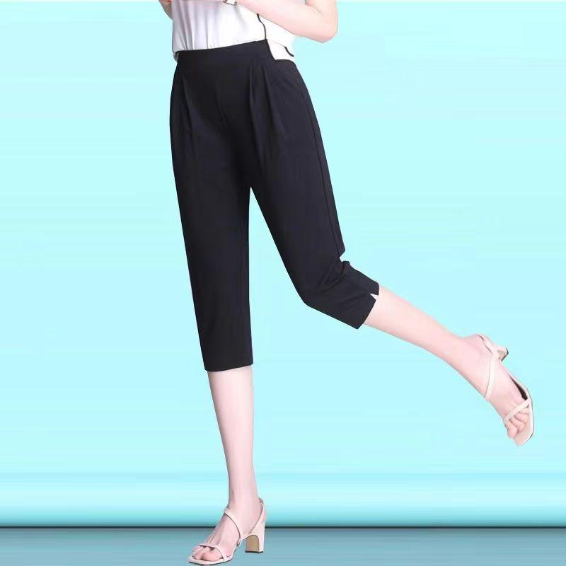 

Женские летние капри из ледяного шелка с высокой талией - Большой размер, Свободные прямые брюки, Приталенный повседневный крой, Стиль для среднего возраста S for 85-100 lbs