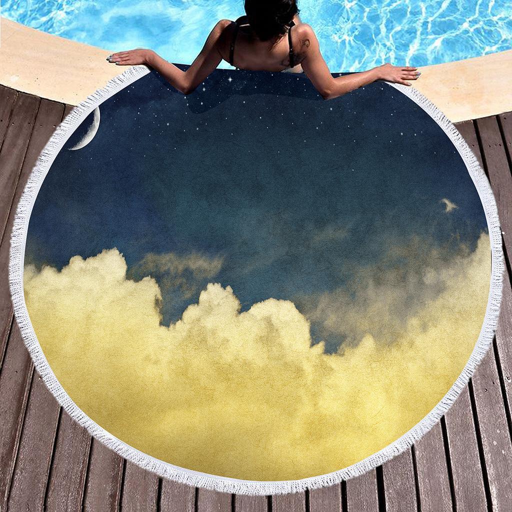 Oil Painting Round Beach Towel,Night Sky Star Moon Print Sand Resistant Beach Blanket,Absorbent Quick Dry Pool Towel Picnic Mat