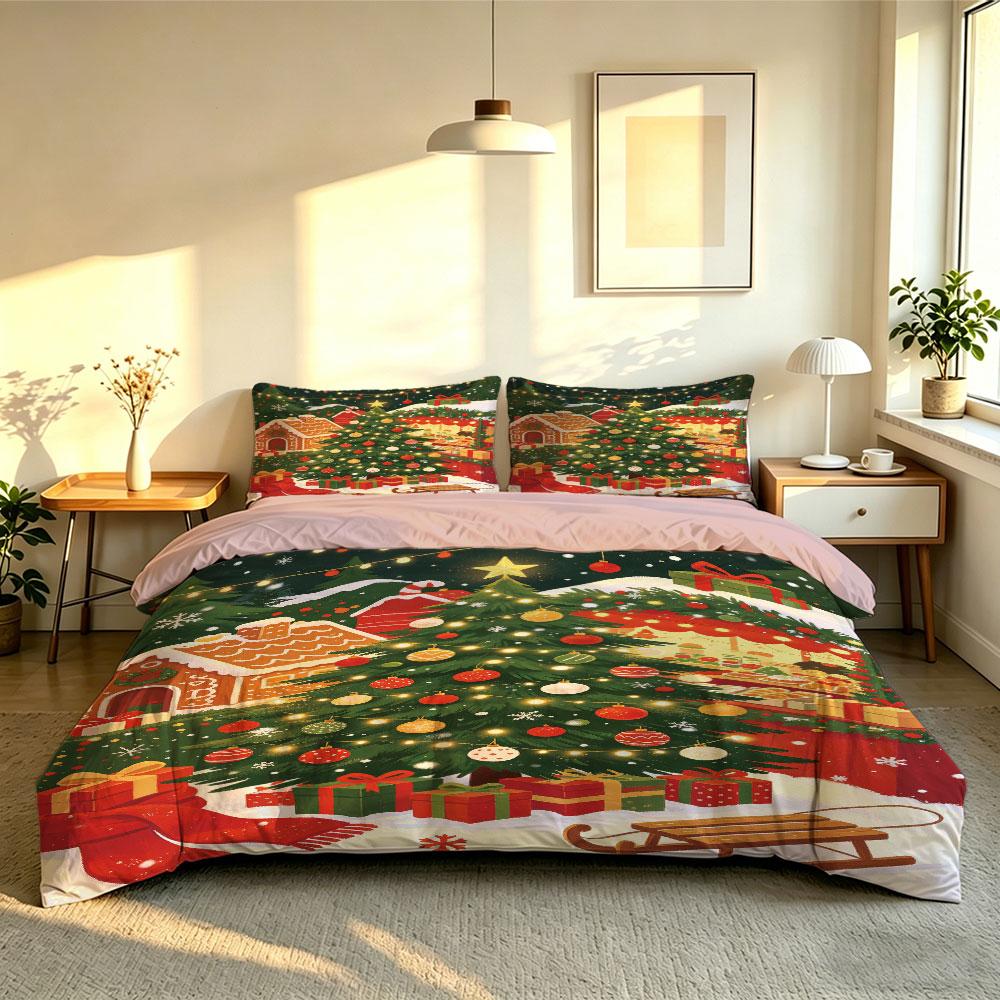 Christmas Duvet Cover Set 3Pcs Gingerbread House Xmas Tree Gift Snow Print Soft Microfiber Bedding with Pillowcases