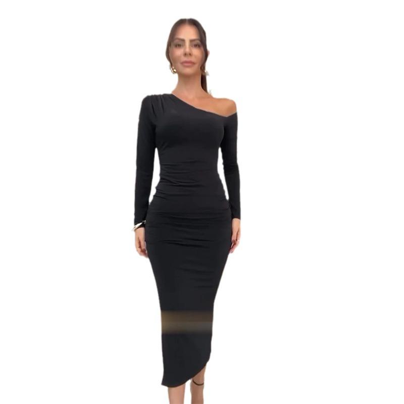 2024 Autumn Asymmetric Neckline Slim Fit Slit Bodycon Dress - European & American Pure Desire Style