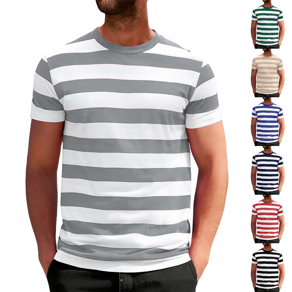 Men Crew Neck Short Sleeve Striped T Shirt Casual Fit Soft Fabric Lightweight Breathable Classic Style Top