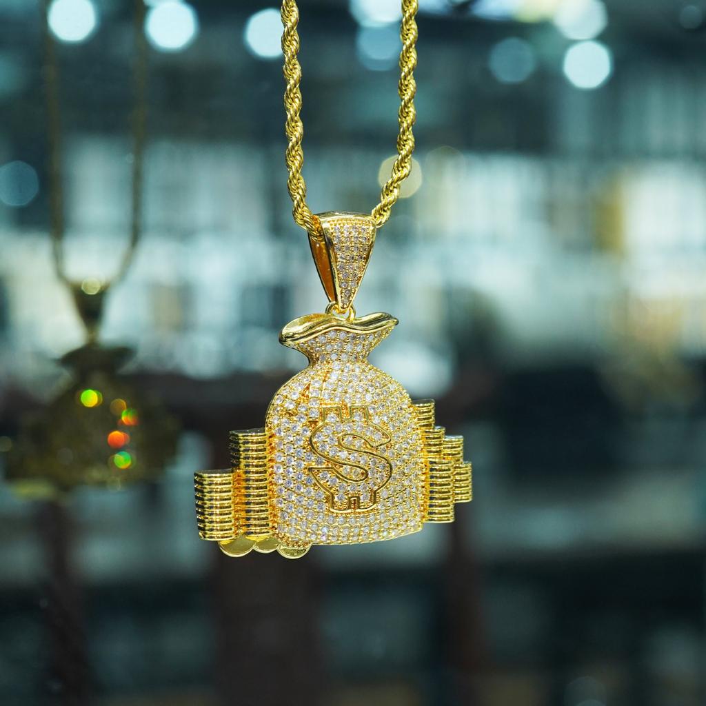 European and American Hip Hop Necklace Money Bag Hiphop Copper with Zircon USD Money Bag Men's and Women's Personalized Trendy Brand Accessories