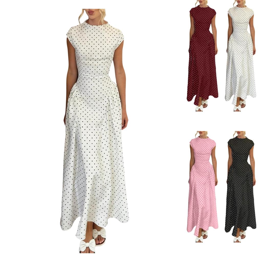 European Style Vintage Polka Dot Print Sleeveless Round Neck Slim Fit A Maxi Dress