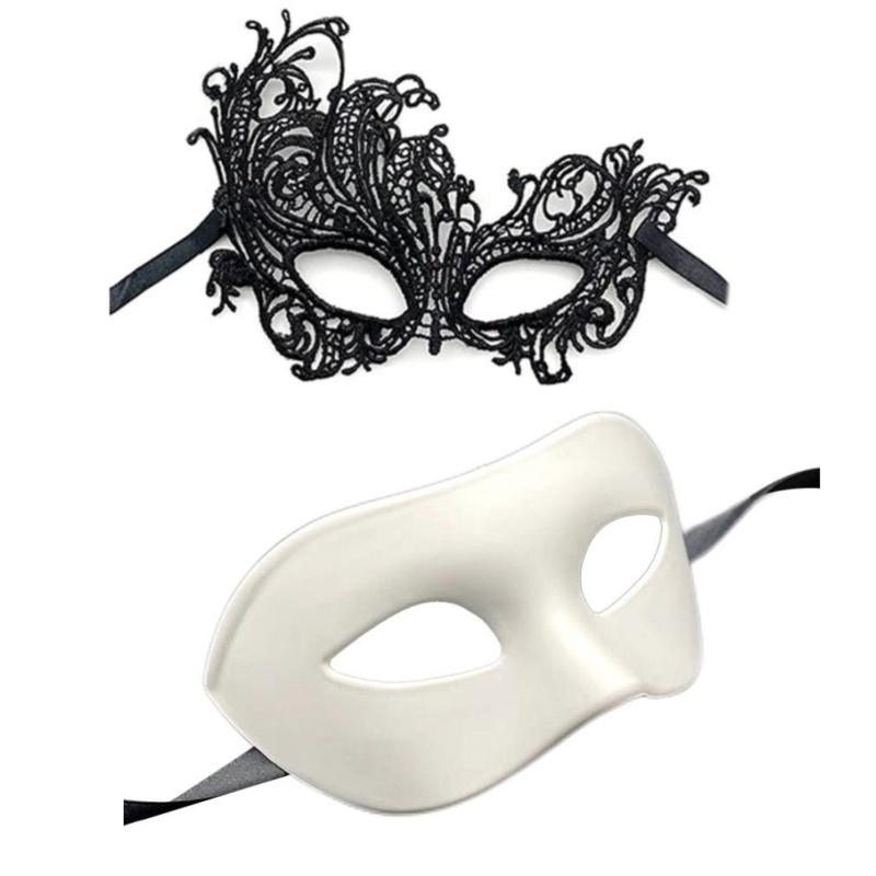 2pcs Black Lace Masquerade Masks For Couple Venetian Cosplay Costume Halloween Carnival Prom Wedding Party Half Face Masks Prop