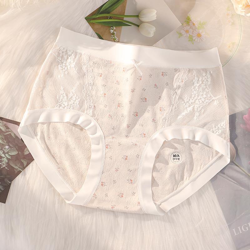 Plus Size Women's Summer Printed Lace Cotton 10A Antibacterial Long Crotch High Waist Briefs