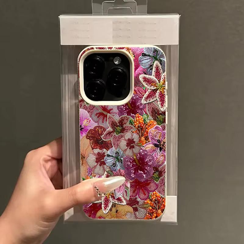 Luxurious Beaded Flower Lychee Texture Phone Case For iPhone 17 Air 16 e 15 14 13 12 11 Pro Max Plus SE Silicone Soft Cover