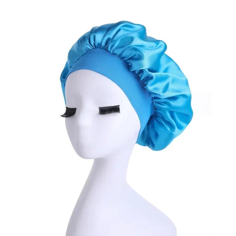 High Elastic Satin Solid Sleeping Hat Hair Care Bonnet Nightcap Multi-color Reusable Women Home Sleeping Cap Accessories