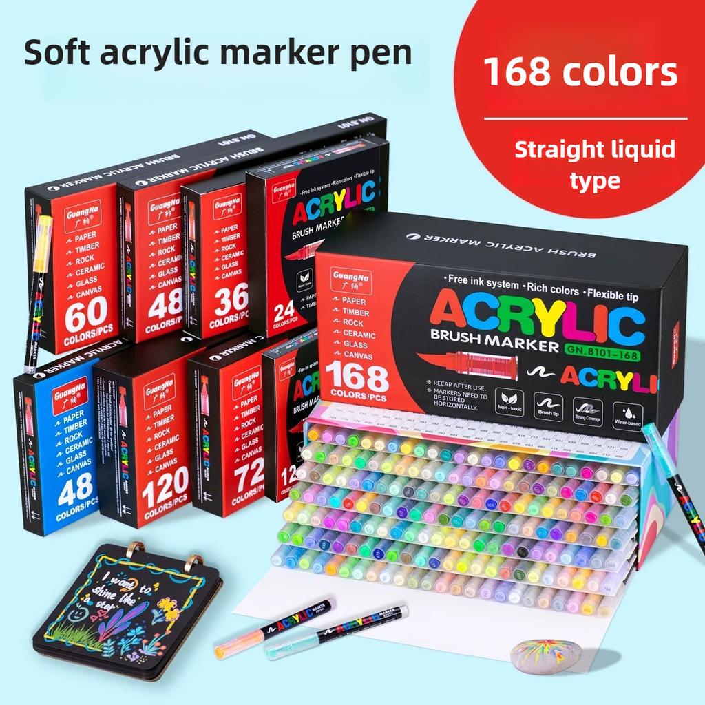 GUANGNA 168-12 Colors Acrylic Marker Pen for Rock Painting Brush Tip Paint Marker Christmas Markers Waterproof Art Supplies