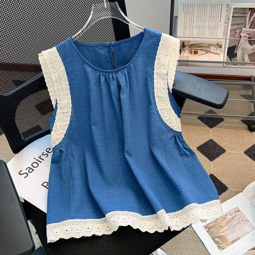 

Fashion Color-blocking Spliced Lace Pleated Round Neck Small Flutter Sleeves Trendy Summer New Stylish Blouse XL синій