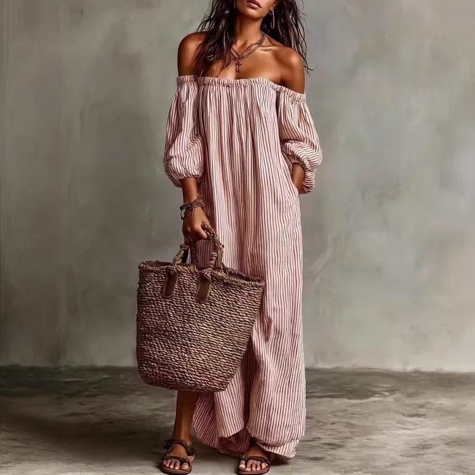 2026 European and American Independent Station Spring and Summer Women's Striped Shoulder Long Dress