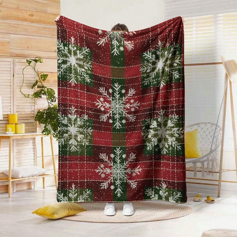 Comfortable flannel shawl blanket - Christmas snowflake and reindeer pattern,soft red and black plaid,suitable for sofas or beds