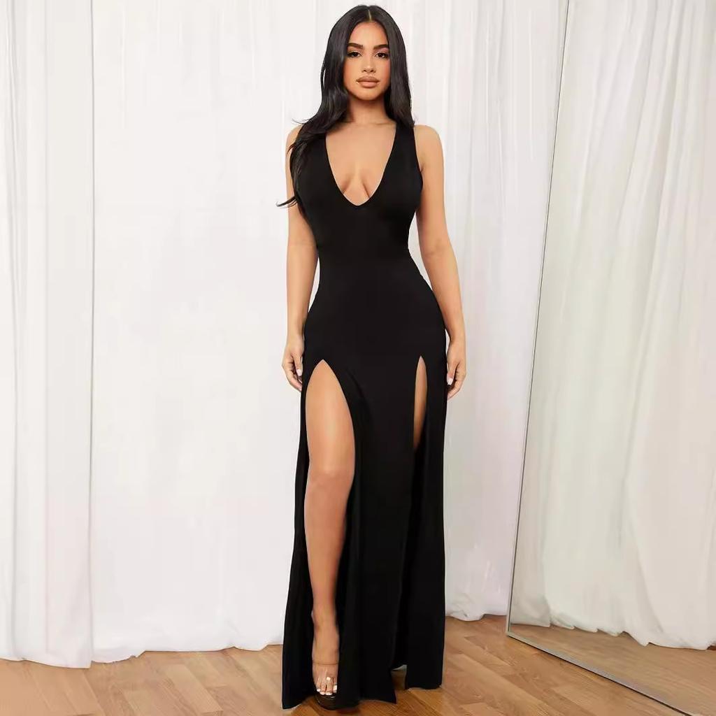 Summer new long dress European and American women's clothing sexy deep V strap sleeveless split multi-color dress