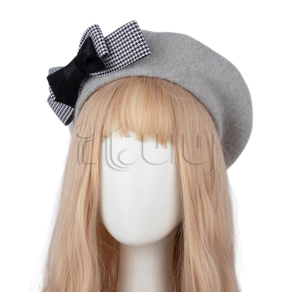 Women Wool French Beret Hat with Big Bow Girl Lolita Cute Plaid Beanie Cap Hat Winter Warm Fashion Accessory