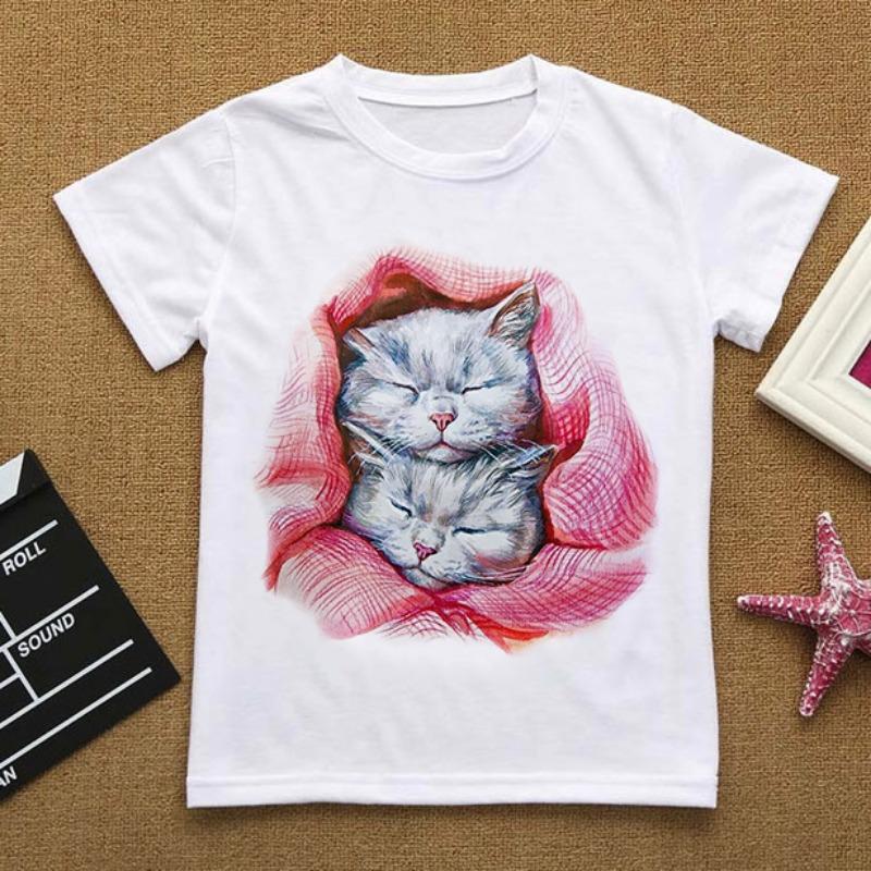 Flowers Summer Clothes Love You Cat CartoonsTShirt Baby Things For Girls Clothes For Boy T Shirt Kids Boy White Short Sleeve Top