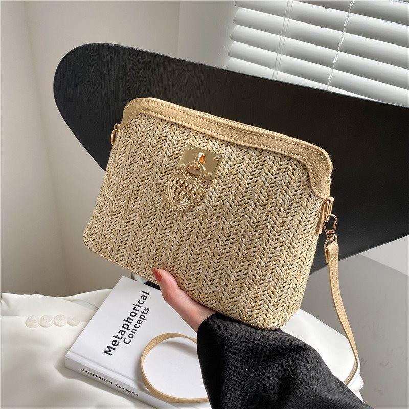 Stylish Summer Woven Shell Crossbody Bag For Women In Elegant Beige And Khaki Shades Khaki