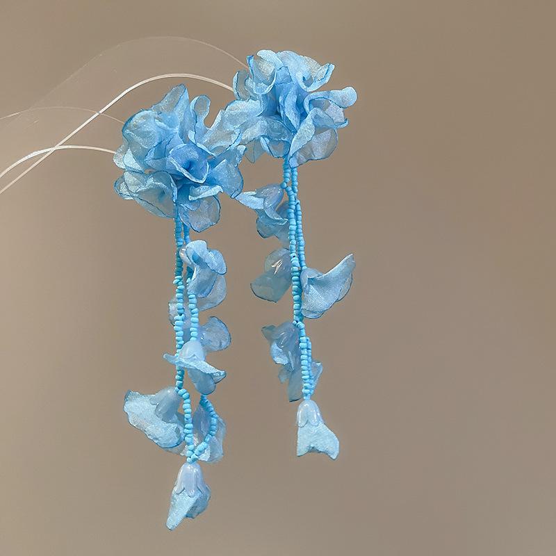 Silver Needle Chiffon Flower Tassel Earrings, Sweet Mori Style, Dopamine Trend, Versatile Women’s Earrings