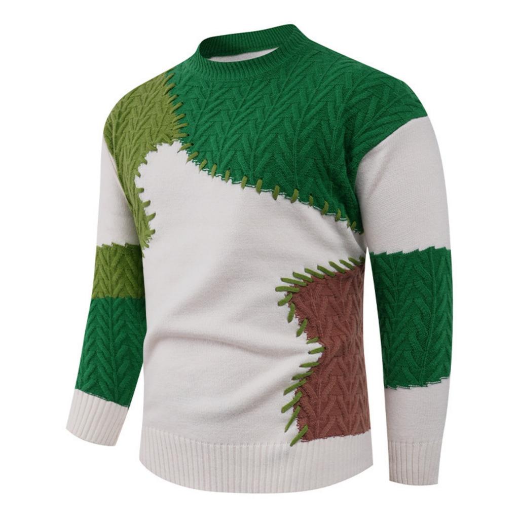 Men's Casual Color-blocked Sweater, Warm And Fashionable Pullover, Paired With A Round-neck Knitted Sweater Inside