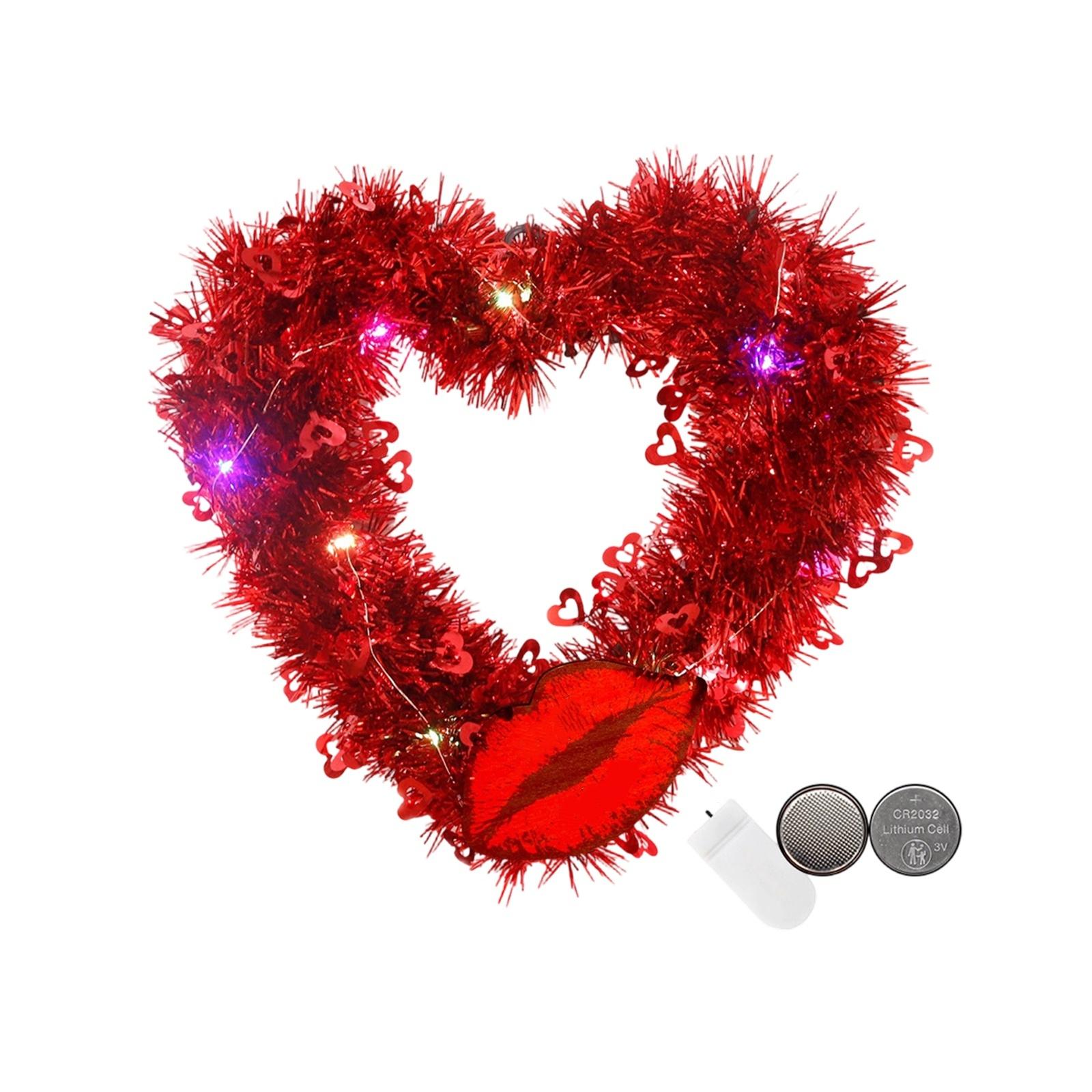 

Valentine Lighted Heart Shaped Wreath Wedding Glittered Romantic Red Decor Anniversary Festive Tabletop Atmosphere Prop