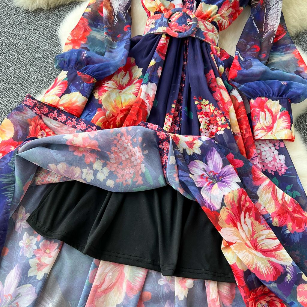 Summer Women Vintage Print Turn-down Collar Chiffon Holiday Beach Long Maxi Shirt Dresses With Belt