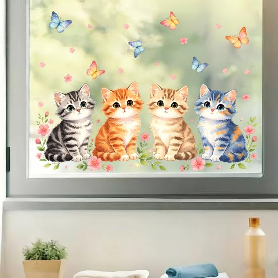 Spring Cat Window Cling Cartoon Cat Flowers Butterflies Window Sticker Reusable Static Glass Decal for Bathroom Kitchen Glass Doors Windows