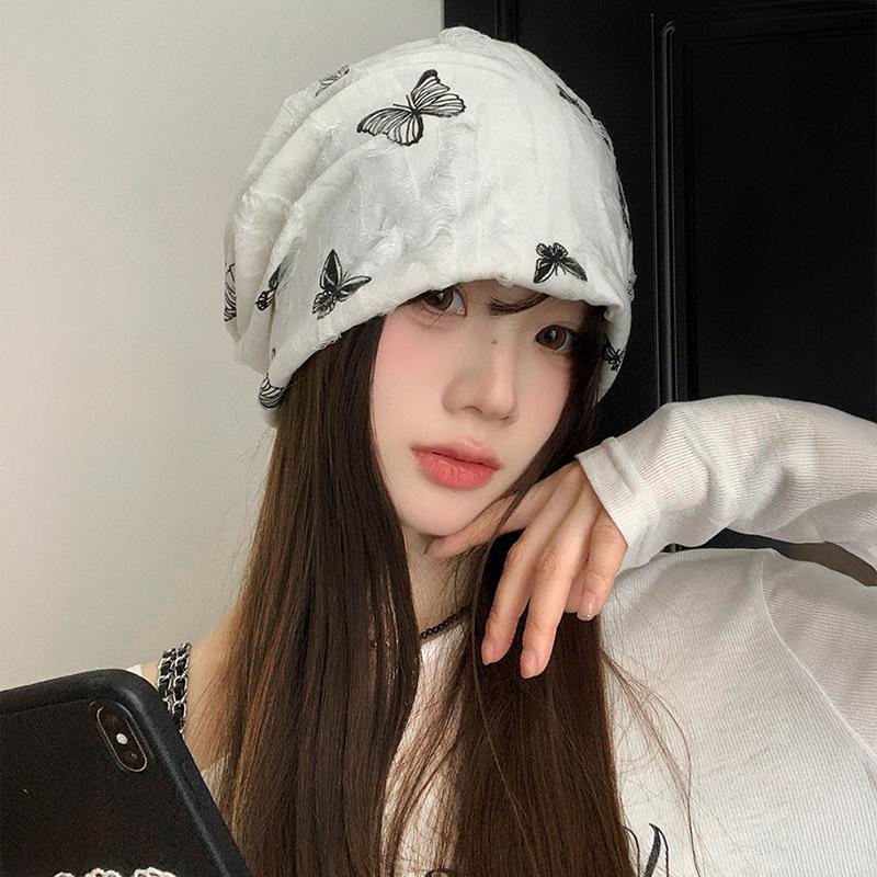Niche Design Butterfly Pile Hat Female Hottie Wind Big Head Circumference Show Face Small Cold Hat Windproof Bag Head Confinement Hat