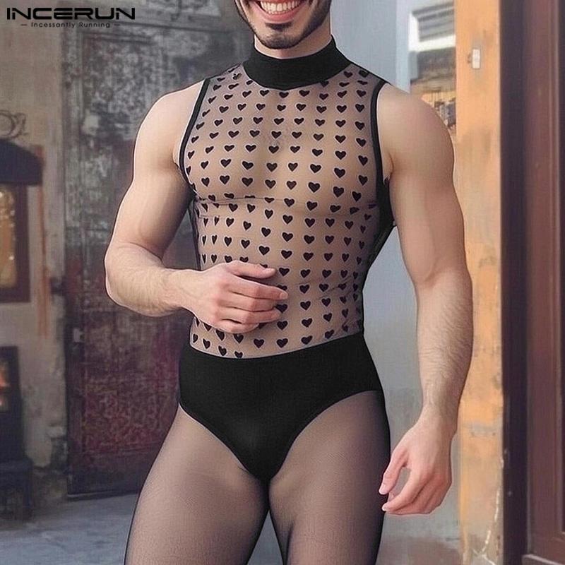 INCERUN Men's Stitching Color Sleeveless Dots Mesh Sheer Underwear Jumpsuits
