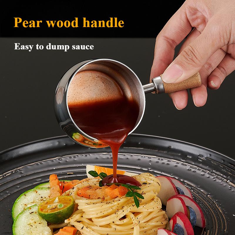Tazzina per Salsa in Acciaio Inossidabile 304 con Manico Sottotazza Manico in Legno Bistecca Pepe Nero Salsa di Pomodoro Sottotazza Salsa per Snack Coreani