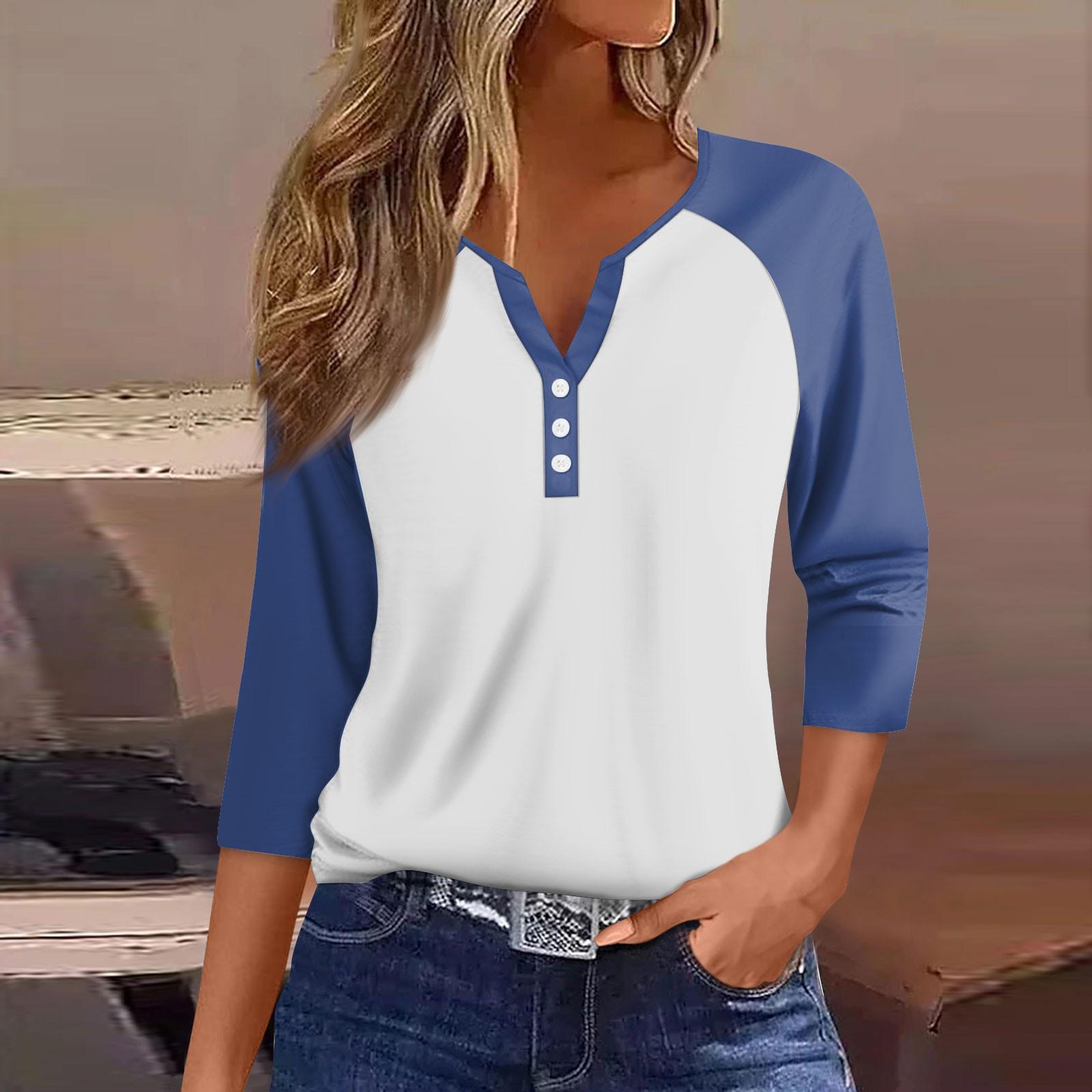 

Жіноча футболка з принтом на ґудзиках з рукавом реглан з рукавом 3/4 Щоденна модна мода на вихідні з V-подібним вирізом, звичайний топ M