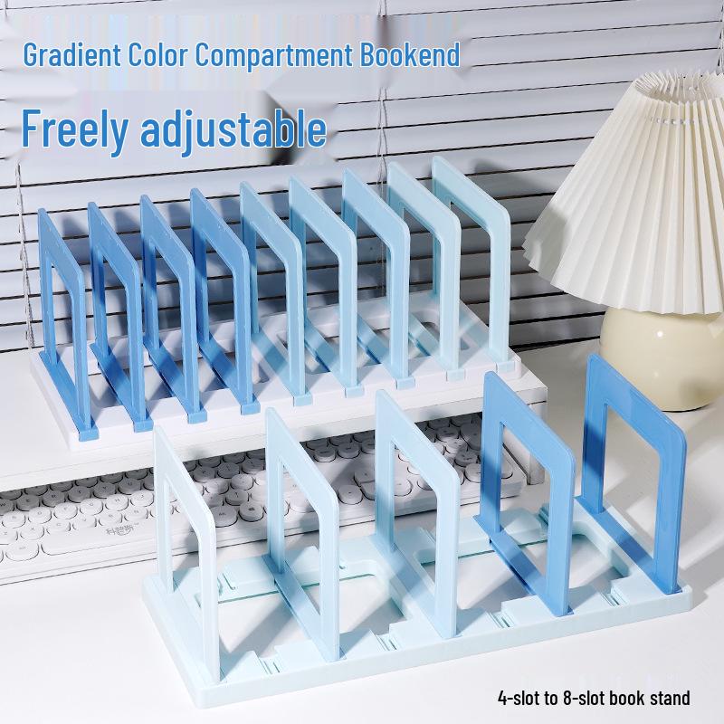 Enhanced 8-slot gradient bookend: durable, detachable, desktop organizer with splicing storage and dividers. 4-compartment Gradient Blue
