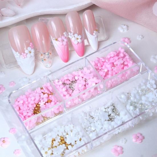 1 Box 3D Flower Nail Art Charm 6 Grids Resin Floral Charms Golden Beads DIY Nail Design Jewelry Crafts Manicure Decoration Accessories