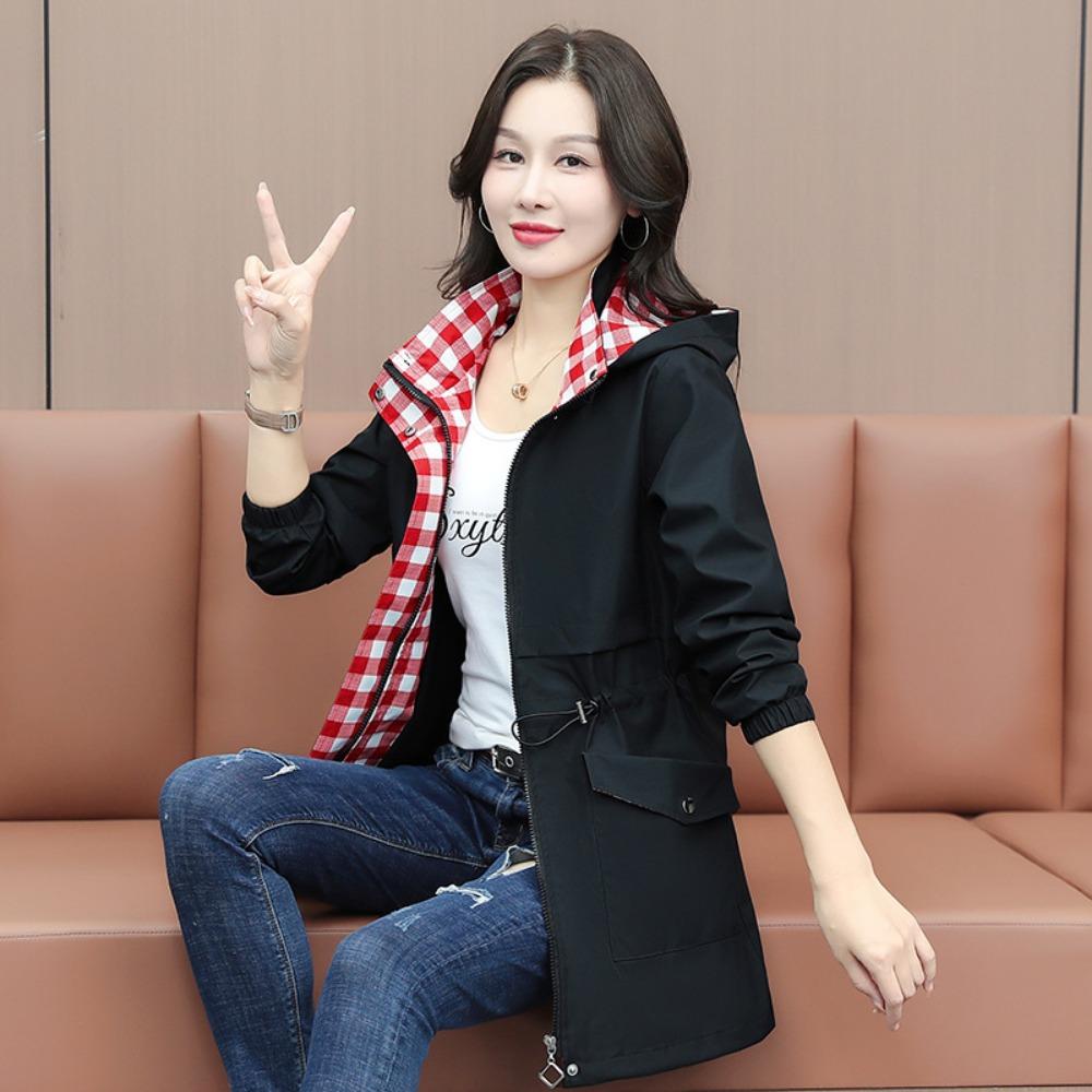 Women's Mid-Length Spring and Autumn Windbreaker – Waist-Designed Fashionable Hooded Plaid Jacket