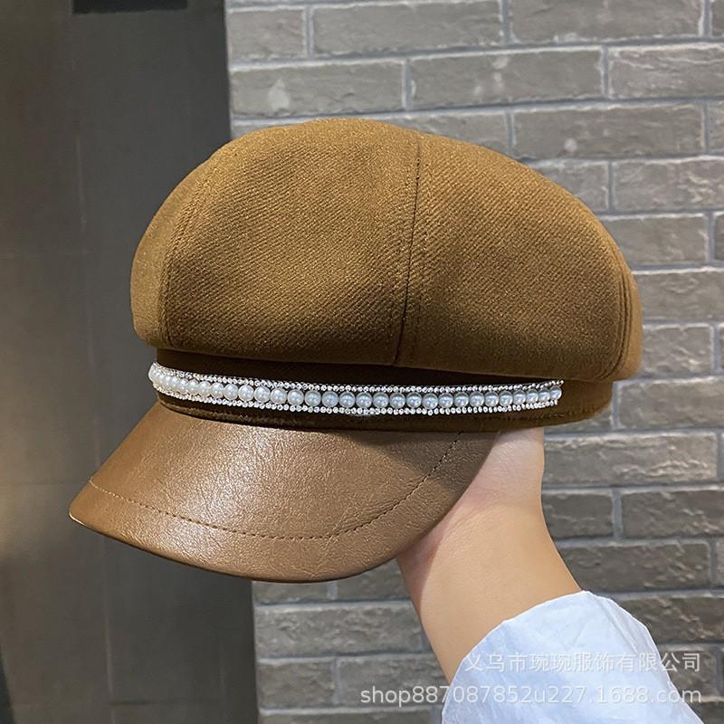 Womens Cotton Beret Hat With Pearl Chain Decor Wide Brim Octagonal Cap Fashion