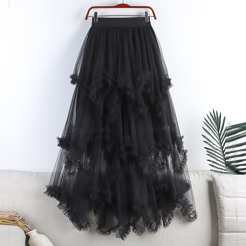 Women's Summer High-Waisted Asymmetric Midi A-Line Mesh Skirt Sweet Tiered Skirt Half-Skirt
