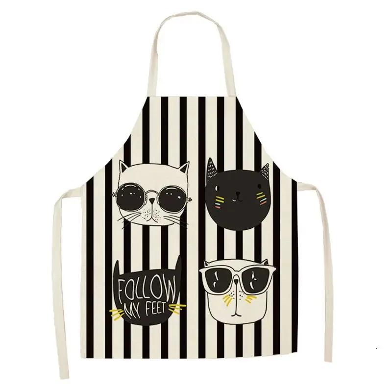 Lovely Cartoon Cats Kitchen Aprons for Women Cotton Linen Bibs Household Cleaning Pinafore Home Cooking 55x68cm