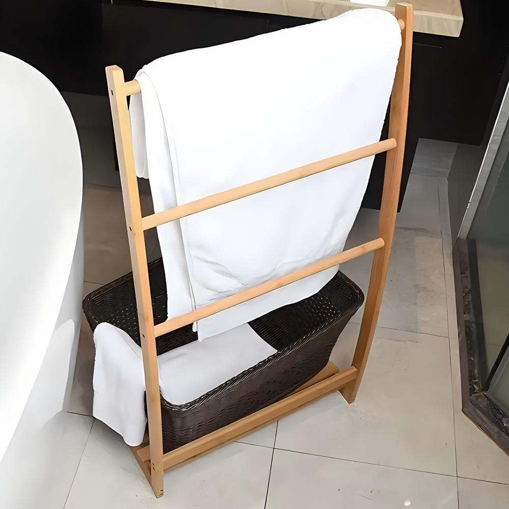 3-Tier Bamboo Towel Rack Freestanding Bathroom Floor Drying Rack Stable Multifunctional Storage Organizer for Home Bedroom