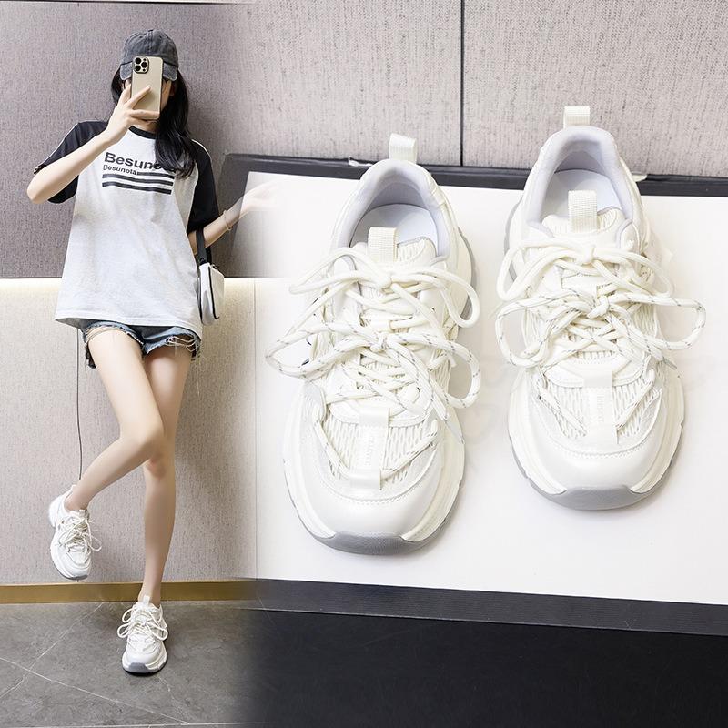 Leather dad shoes women's thick-soled heightened mesh breathable sneakers casual lace-up student shoes women