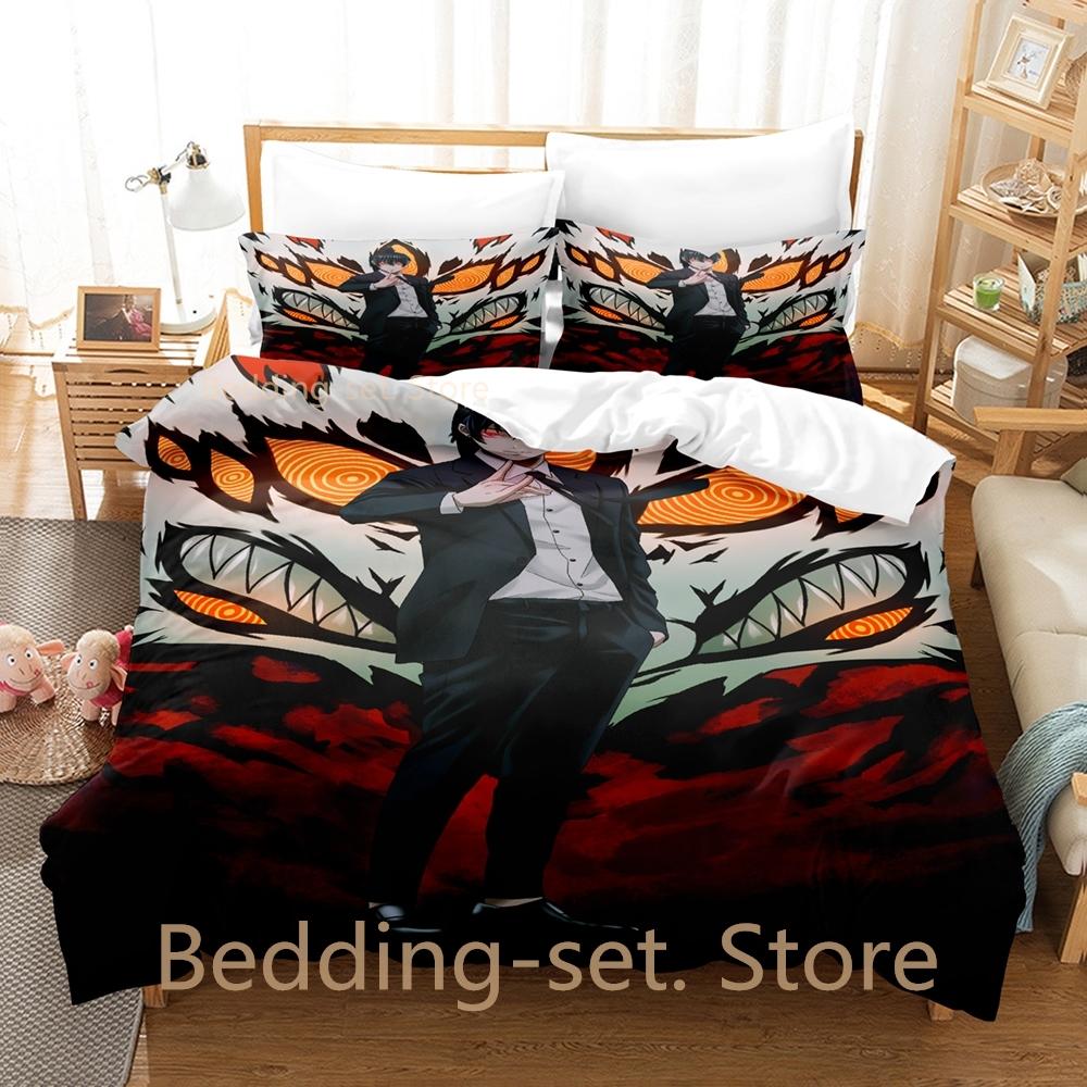 Fox Dveil Kon Chainsaw Man Bedding Set Single Twin Full Queen King Size Bed Set Adult Kid Bedroom Duvetcover Sets Anime Bed