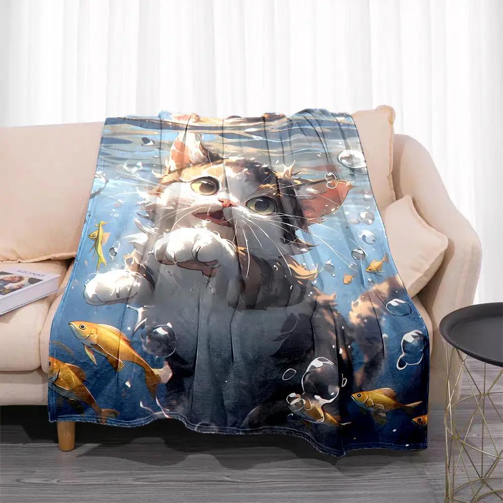 Cozy Ocean Theme Cat Fish Pattern Print Flannel Blanket - Lightweight, Soft, Warm Blanket for Sofa, Bed, Travel, Camping