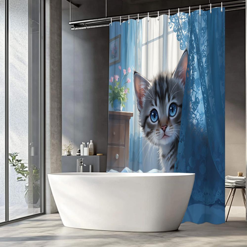 

Upgrade Your Bathroom With A Waterproof Shower Curtain Featuring An Adorable Kitten For A Touch Of Playfulness And Charm W60H190(CM)-1 Pcs